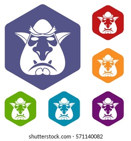 Head of troll icons set rhombus in different colors isolated on white background