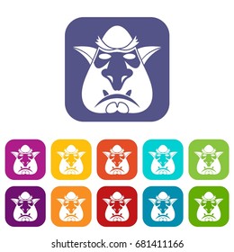 Head of troll icons set vector illustration in flat style in colors red, blue, green, and other