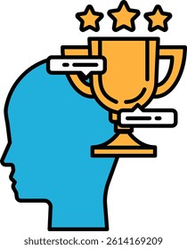 A head with a trophy on top of it. The trophy is yellow and the head is blue