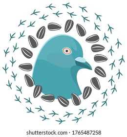 The head of a turquoise dove in a circle of seeds and bird foot prints. Vector dove isolated on a white background. Logo for bird lovers