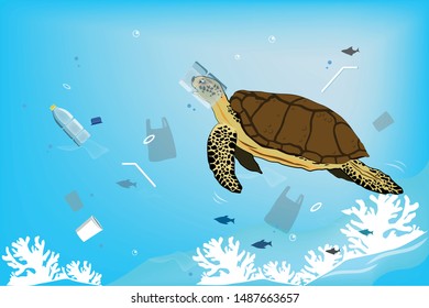 Head of turtle stuck in a plastic bottle that is human garbage made which it cannot decompose naturally.