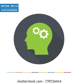 Head and two gears flat icon with long shadow. Vector Illustration.
