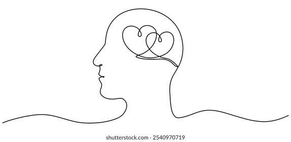 Head with two hearts inside continuous line drawn. Falling in love symbol. Vector illustration isolated on white.