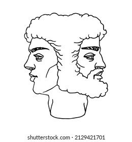 The head of the two-faced god Janus. An ancient Greek mythological character. Vector illustration with contour lines in black ink isolated on a white background in cartoon and hand drawn style.