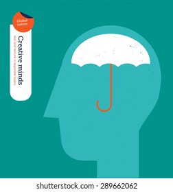 Head with umbrella brain. Vector illustration Eps10 file. Global colors. Text and Texture in separate layers.