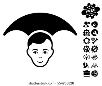 Head Umbrella icon with bonus configuration pictograph collection. Vector illustration style is flat iconic black symbols on white background.