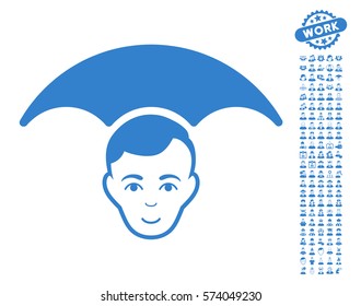 Head Umbrella icon with bonus occupation design elements. Vector illustration style is flat iconic cobalt symbols on white background.