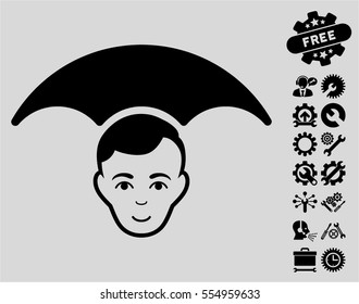 Head Umbrella icon with bonus setup tools pictograph collection. Vector illustration style is flat iconic black symbols on light gray background.