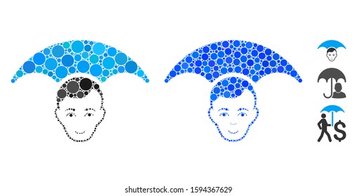 Head umbrella mosaic of small circles in various sizes and color tints, based on head umbrella icon. Vector small circles are organized into blue composition.