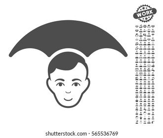 Head Umbrella pictograph with bonus human design elements. Vector illustration style is flat iconic gray symbols on white background.