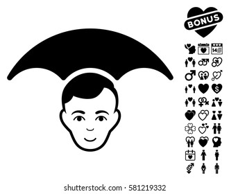 Head Umbrella pictograph with bonus marriage pictograph collection. Vector illustration style is flat iconic black symbols on white background.