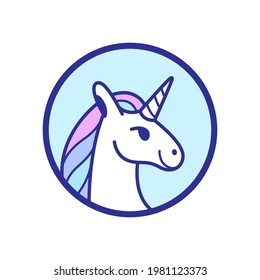 Head of unicorn in cartoon style. Simple contour vector illustration for logo, emblem, badge, insignia.
