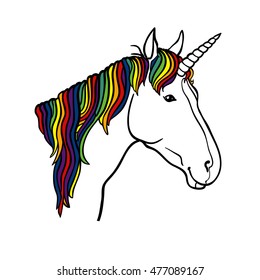 Head of unicorn with colorful rainbow mane isolated on white background. Art vector illustration
