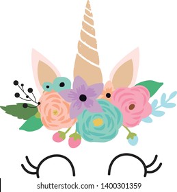 head unicorn cute with flowers 