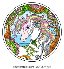 Head of unicorn in flower frame round shape. Hand drawing magic horse for puzzle, tattoo, design, print. Vector illustration of unicorn in tangle doodle style. For jigsaw, design, puzzle, print, decor