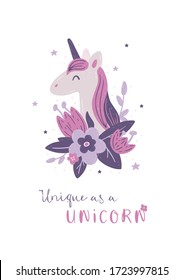 Head unicorn in flowers, portrait - Children wall art, poster, greeting card or party invitation - Isolated vector hand drawn cute animal character in scandinavian pastel colors - Unique as a unicorn