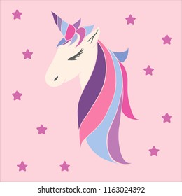 head of a unicorn with a horn and manevector pink unicorn beautiful for girls, festive purple, for birthday