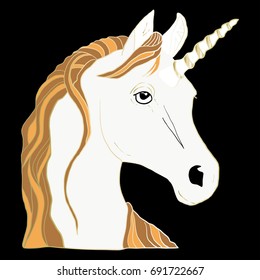 Head of Unicorn isolated on black. Fairy tale character.