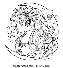 The head of a unicorn with a long mane against the background of the moon. Black-white linear drawing. For prints, posters, coloring books, postcards, stickers, tattoos. Vector