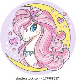 The head of a unicorn with a long mane against the background of the moon. Fantasy animal for kids design. Suitable for prints, posters, postcards, etc. Vector