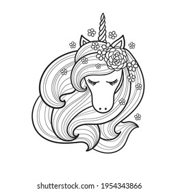 The head of a unicorn with a long mane. Black and white linear drawing. For the design of prints, posters, coloring books, tattoos, stickers, badges, and more. Vector