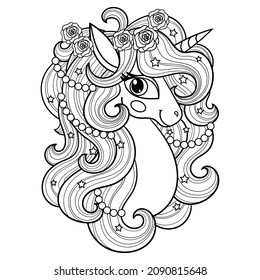 The head of a unicorn with a long mane. Black and white linear drawing. Drawn by hands. For the design of coloring books, prints, posters, stickers, cards, tattoos, etc. Vector