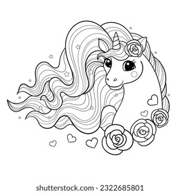 Head of a unicorn with a long mane and flowers. Black and white linear drawing. For children's design of coloring books, prints, posters, stickers, postcards and so on. Vector