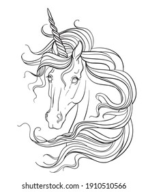 Head of unicorn with a long mane. Vector black and white contour illustration for coloring page. For the design of prints, posters, postcards, coloring books, stickers, tattoos,