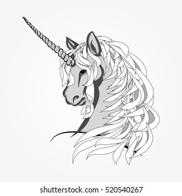 The head of a unicorn with a long mane. Vector illustration