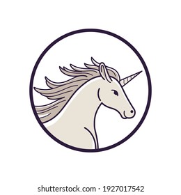 Head of unicorn with long wavy mane. Simple contour vector illustration for logo, emblem, badge, insignia.