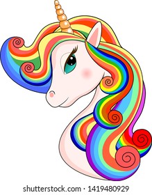 Head of a unicorn with a multi-colored mane on a white background.