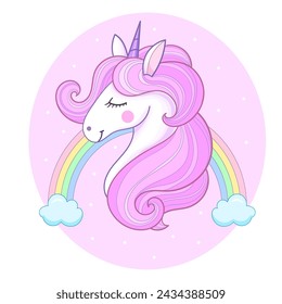 The head of a unicorn with a pink mane against a rainbow background. Dream symbol. Cute fantasy character. For children's design of prints, posters, cards, stickers, puzzles, etc. Vector
