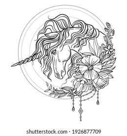 Head of the unicorn in profile with a long mane in floral frame. Vector black and white isolated contour illustration for coloring book pages, design, prints, posters, postcards, stickers, tattoo.