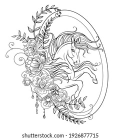 Head of the unicorn in profile with a long mane in abstract floral frame. Vector black and white isolated contour illustration for coloring book pages, design, print, poster, postcard, sticker, tattoo