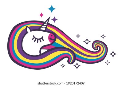 Cabeza de unicornio con pelo de arco iris. Ilustración plana de dibujos animados.
