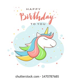 Head of unicorn with rainbow mane, hearts and stars on blue background. Lettering Happy Birthday To You. Illustration can be used for cards, children's clothing design and banners.