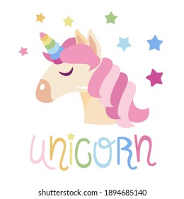 the head of a unicorn with stars and text. pink mane