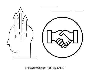 Head with upward arrows symbolizing growth and a handshake within a circle. Ideal for teamwork, mental growth, collaboration, innovation, and success themes. Linear graphic style