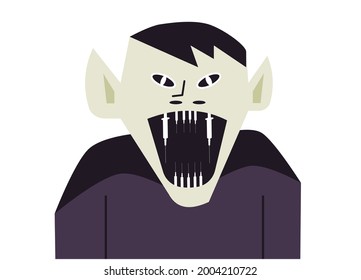 La cabeza del vamir. Ilustración vectorial del horror miedo a la luna llena de insomnio. El tipo tiene jeringas en lugar de colmillos. Mordando, vacunó.