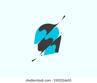 Head vector colorful modern minimal style illustration. Black and blue mask splash icon logo concept with drops. Robot vector logo emblem symbol logotype