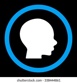 Head vector icon. Style is bicolor flat rounded symbol, blue and white colors, rounded angles, black background.