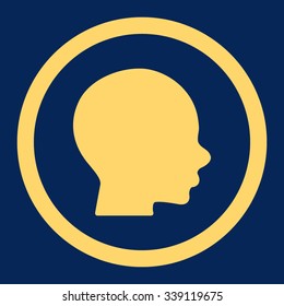 Head vector icon. Style is flat rounded symbol, yellow color, rounded angles, blue background.