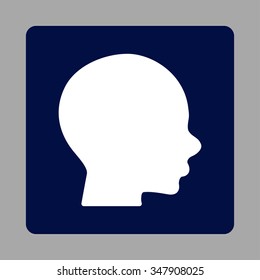 Head vector icon. Style is flat rounded square button, white and dark blue colors, silver background.