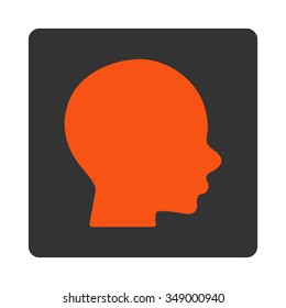Head vector icon. Style is flat rounded square button, orange and gray colors, white background.