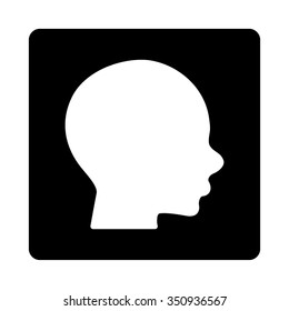 Head vector icon. Style is flat rounded square button, white and black colors, white background.
