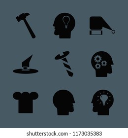 head vector icons set. with screw, gear head, witch hat and human head in set