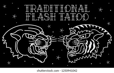 head vector tiger and black panther flash tattoo, vector EPS 10
