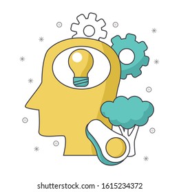 head with vegetables and bulb light over white background, vector illustration