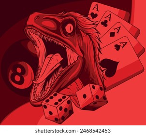 Kopf eines Velociraptor Dinosauriers mit Casino-Spiel