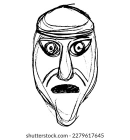 Head of Viking man from Denmark. Male mask. Hand drawn linear doodle rough sketch. Black silhouette on white background.